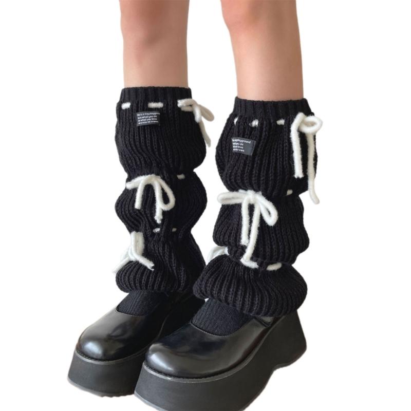 

1 Pair Kids Strap Tied Leg Warmer With Knitting Design Bowknot Lantern Knit Cosy Socks Sleeve For Cold Weather чорний
