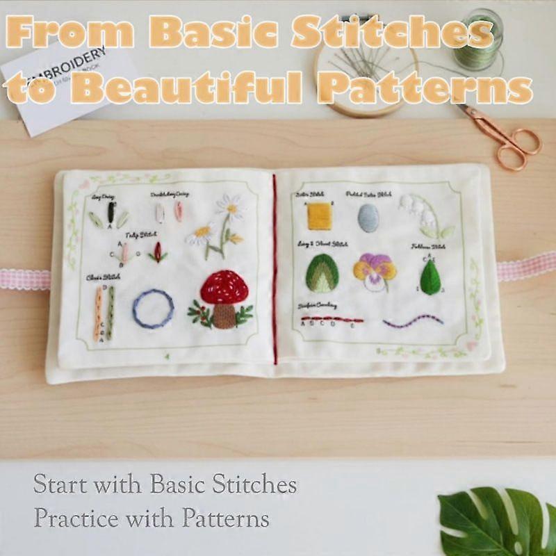 Beginner Embroidery Stitch Book with Fabric Pages, 30 Hand Embroidery Stitches for Adults, DIY Sewing Kit with Floral Motifs, Starter Practice Pattern