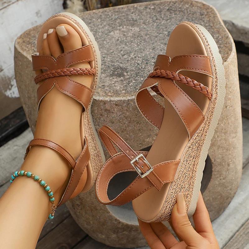 Fashion Brown Ankle Strap Wedge Sandals for Women Summer 2025 Lightweight Non Slip Beach Shoes Woman Braided Band Platform Roman Sandals
