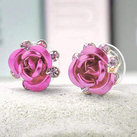 Women's Fashion Rose Flower Ear Studs Rhinestone Inlaid Earrings Jewelry Gift