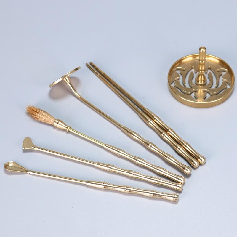 Brass Incense Ceremony Set: Natural Color Seal, Ash Press, Tamping Tool, Brush, Spade