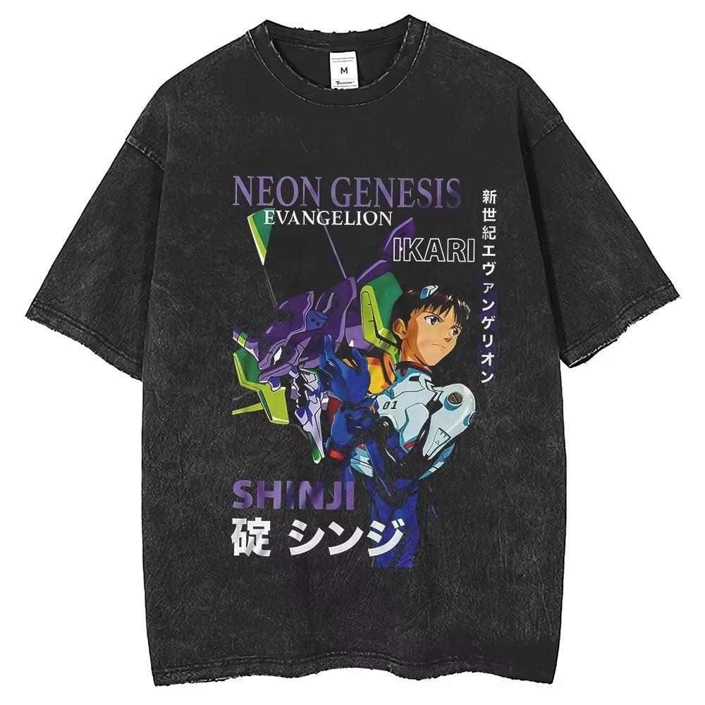 EVA 01 Herren Streetwear T-Shirt Vintage Gewaschen Übergroß Y2K Anime Bedrucktes T-Shirt Damen Harajuku Baumwolle Lässig Kurzarm Kleidung