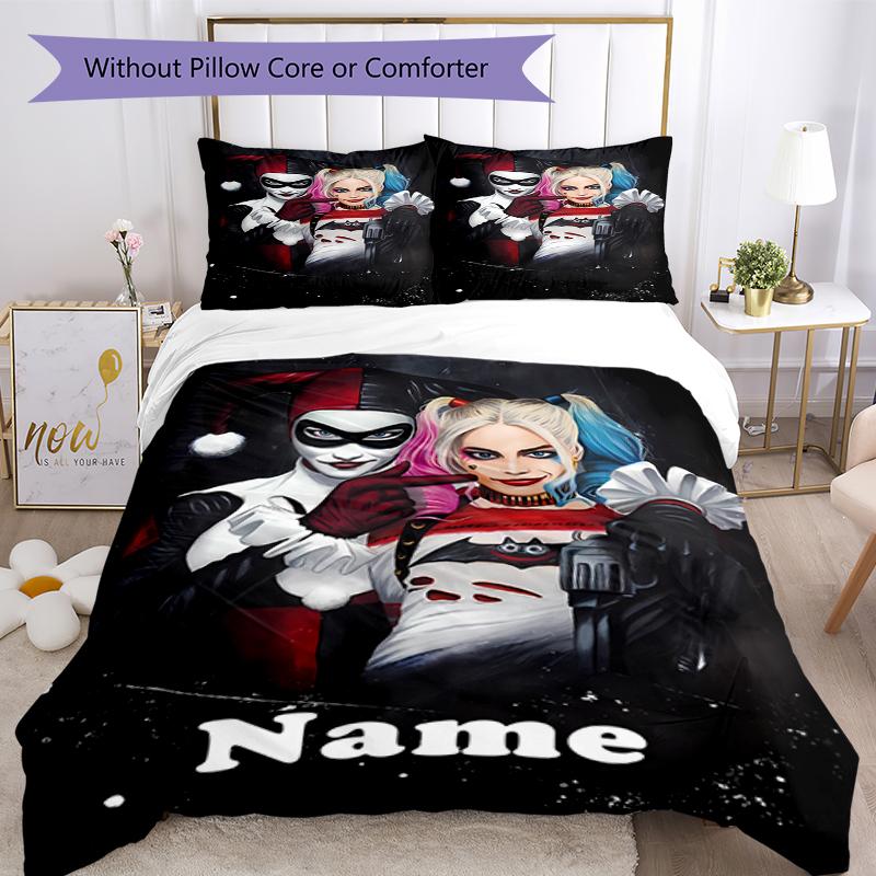 3pcs Custom Name Harley Quinn Bedding Set Duvet Cover Closure Includes 1 Duvet Cover & 2 Pillowcases, Soft and Comfortable for All Seasons.