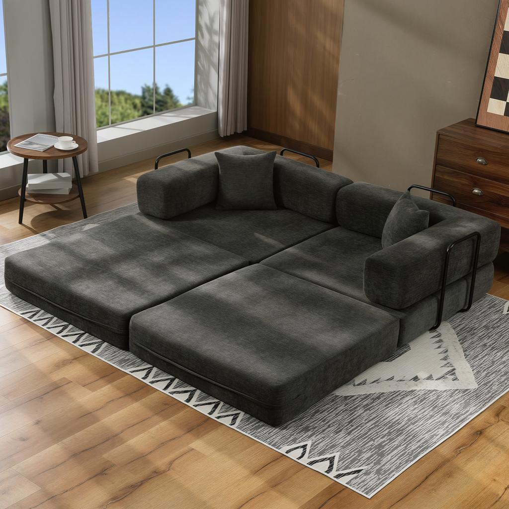 Convertible Sofa, 2-Seater, Chenille Sofa Bed 198 cm, Wide Seat, 2 Cushions, Dark Grey