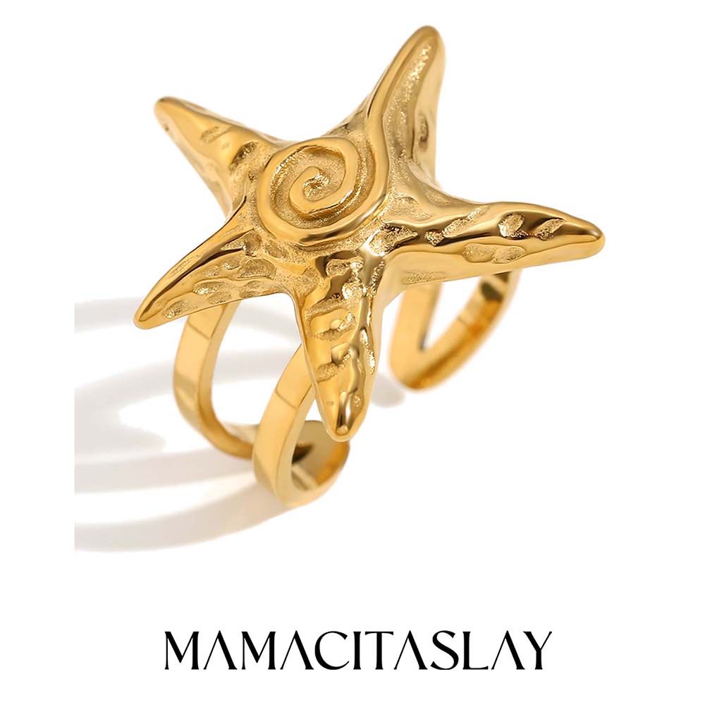 MamacitaSlay 316L Stainless Steel Starfish Central Vortex Opening Rings Waterproof 18K Gold Plated Jewelry Women's Unique Gift