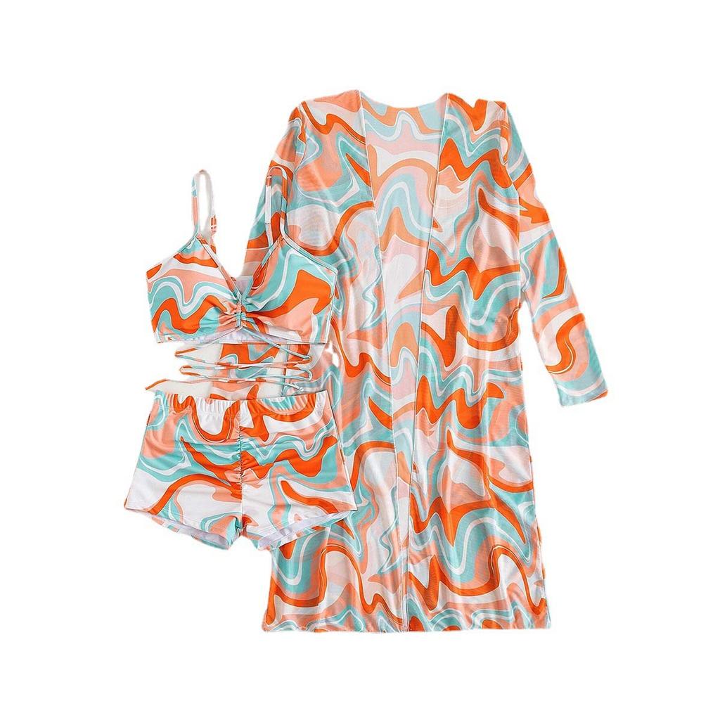 Msfilia Women's Swimsuit Split Three Piece Set High Waist Long Sleeve Ins Overshirt Drawstring Printed Bikini Suits