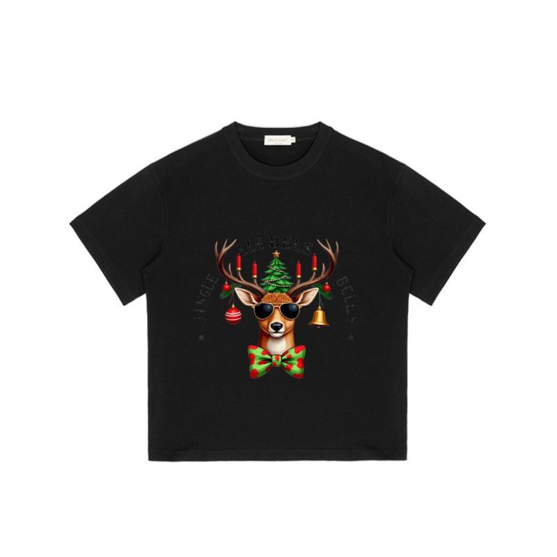 Christmas Deer T Shirt Black Reindeer with Sunglasses and Bowtie Christmas Tree and Bells Jingle All The Way Holiday Party Wear