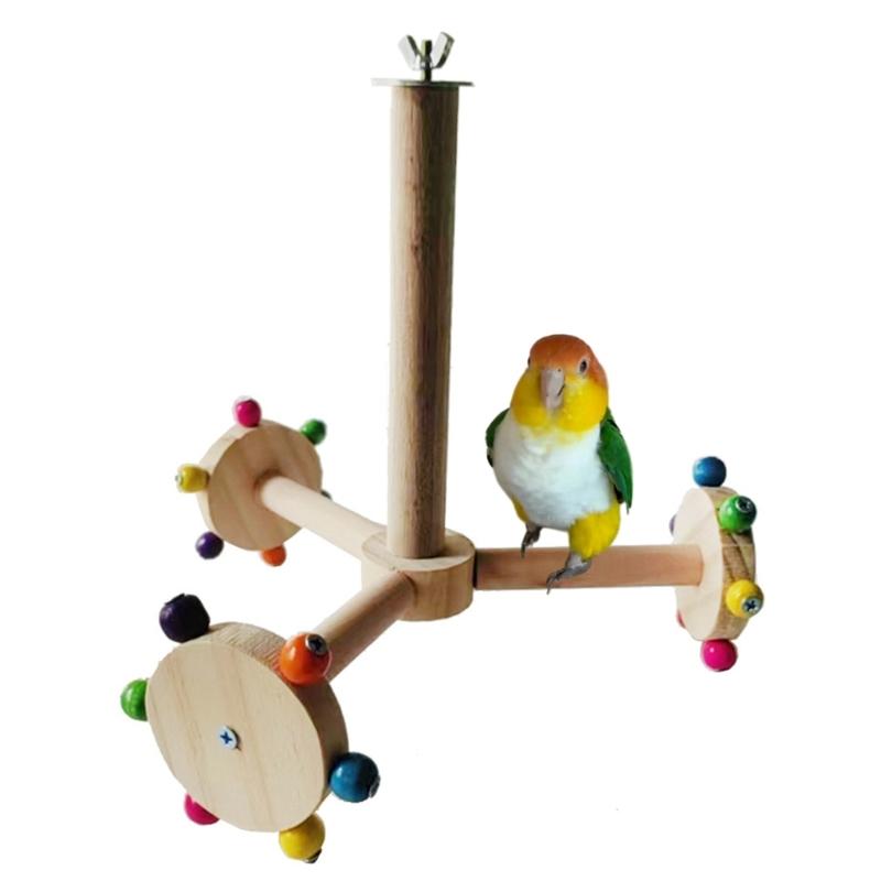 Interactive Wooden Bird Stand with Rotating Feature Bird Cage Colorful Parrot Perch Windmill Toy for Mental Stimulation