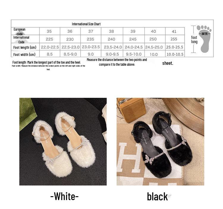 Rhinestone Fuzzy Mary Janes - Women's Autumn/Winter 2025 Chunky Heel Closed-Toe Sandals