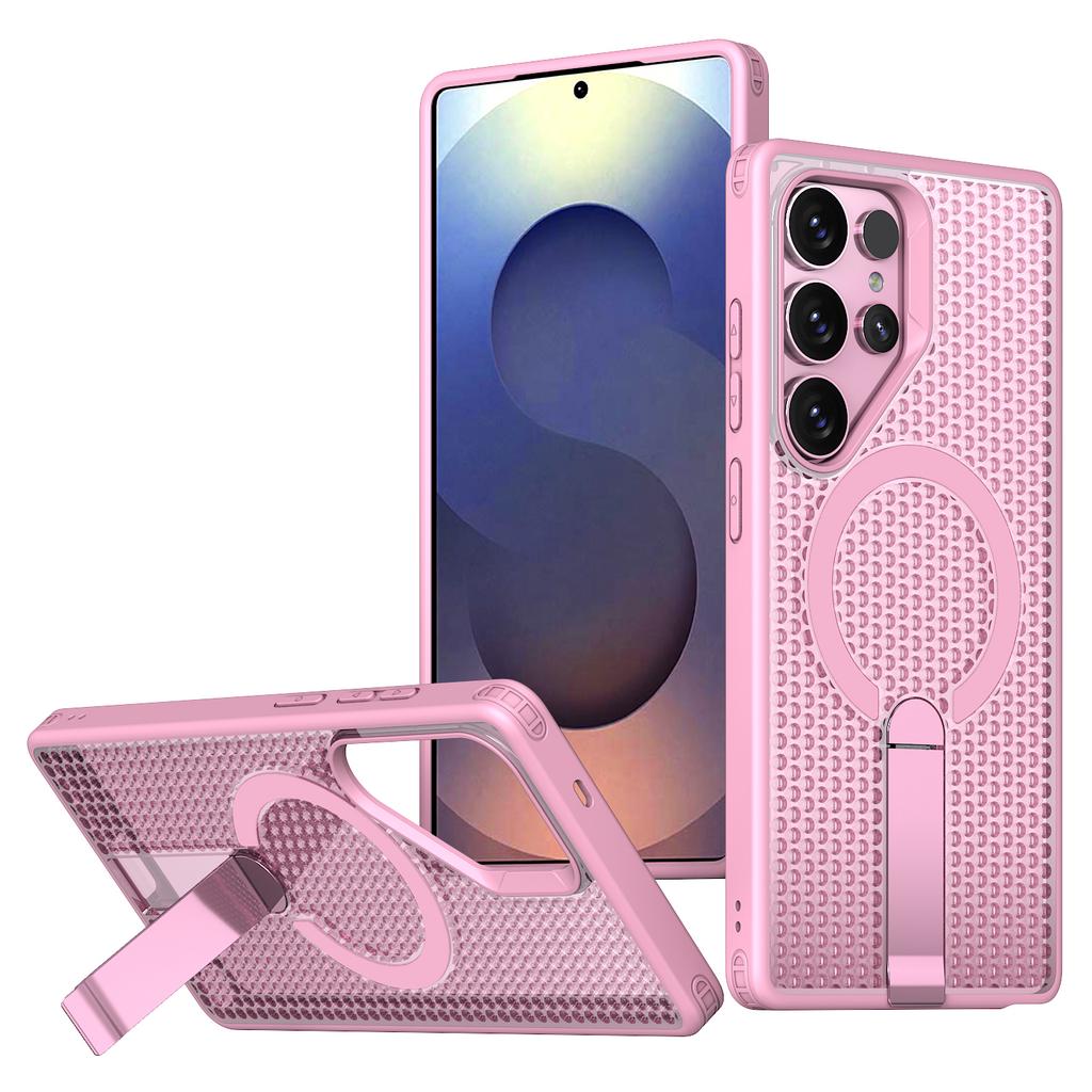 For Samsung Galaxy S25 Ultra Magnetic Case Kickstand Grid Texture TPU PC Phone Back Cover
