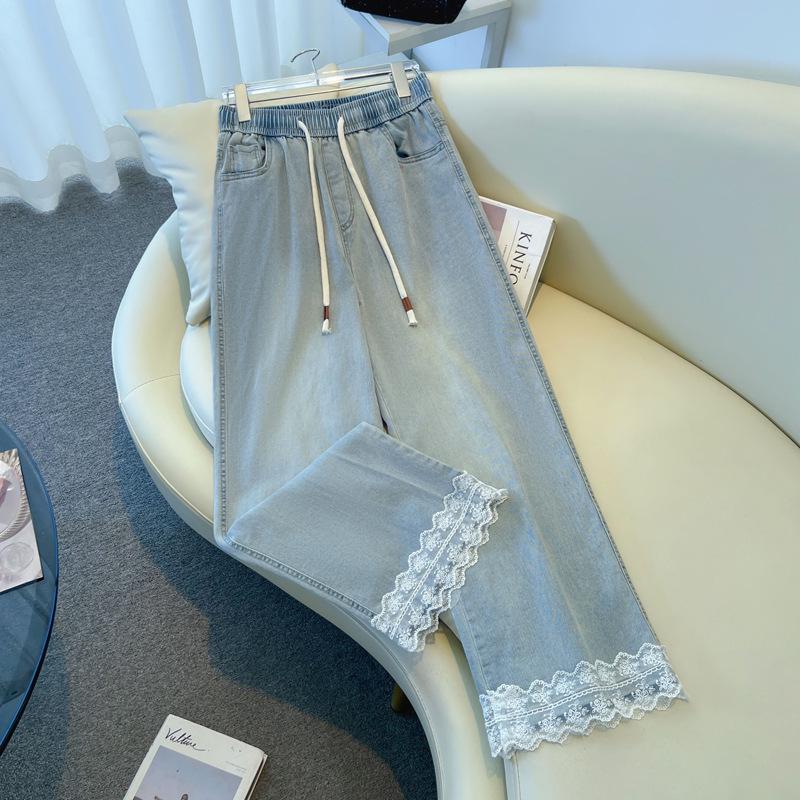 

2025 Plus Size High-Waisted Stretch Lace Trim Straight Leg Jeans 3XL (120-140 jin) джинсовый синий