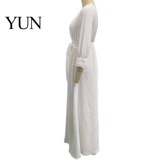Loose Lace Dress Women V-Neck for Fall, 3/4 Sleeves Maxi with Autumn Outfits Belt, Solid Color Casual Long Vacation Daily Wear Sleeve