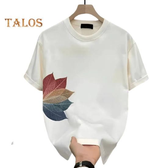 Мужская футболка с принтом листьев хлопковая с круглым вырезом и короткими рукавами летняя повседневная свободная для повседневной жизни спорта пляжа L белый 980₽