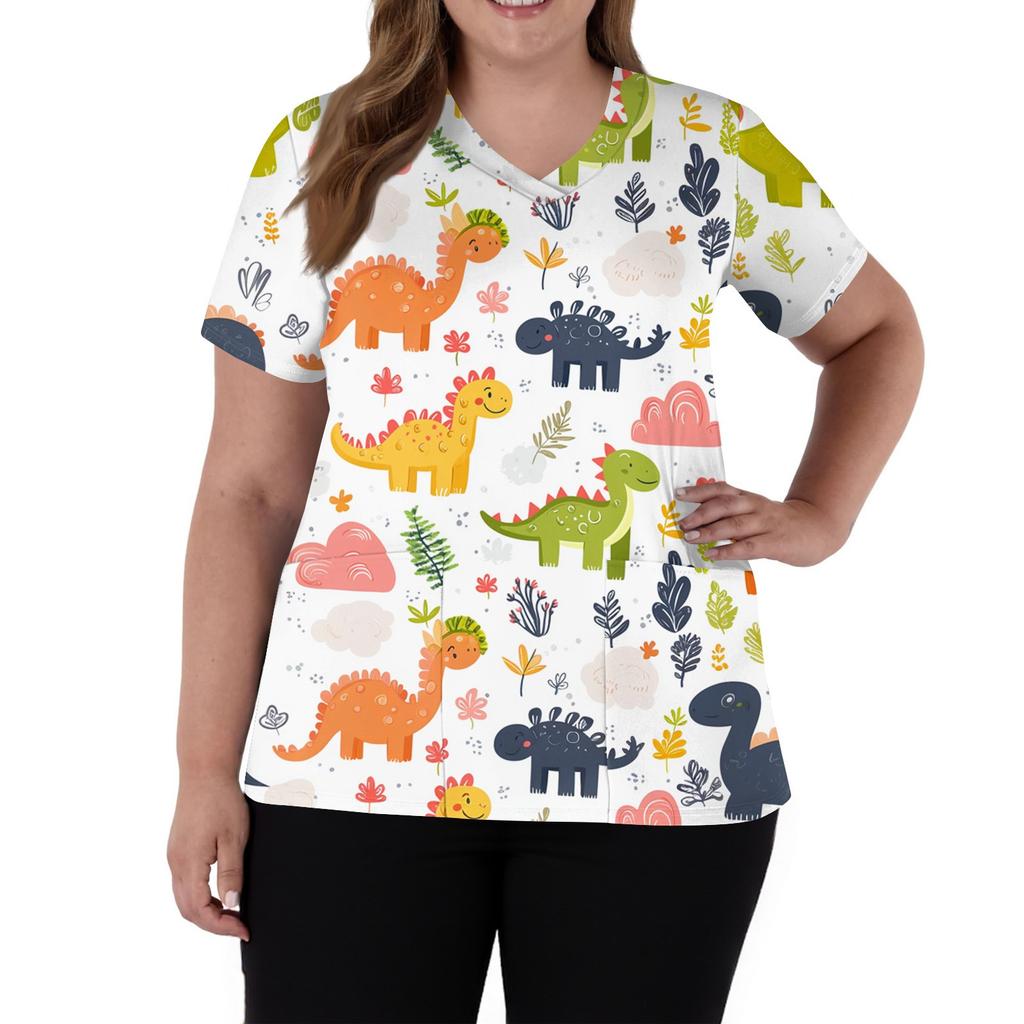 Women's Fashion V-Neck Short Sleeve Overalls With Pockets  Print Tops  Clothes