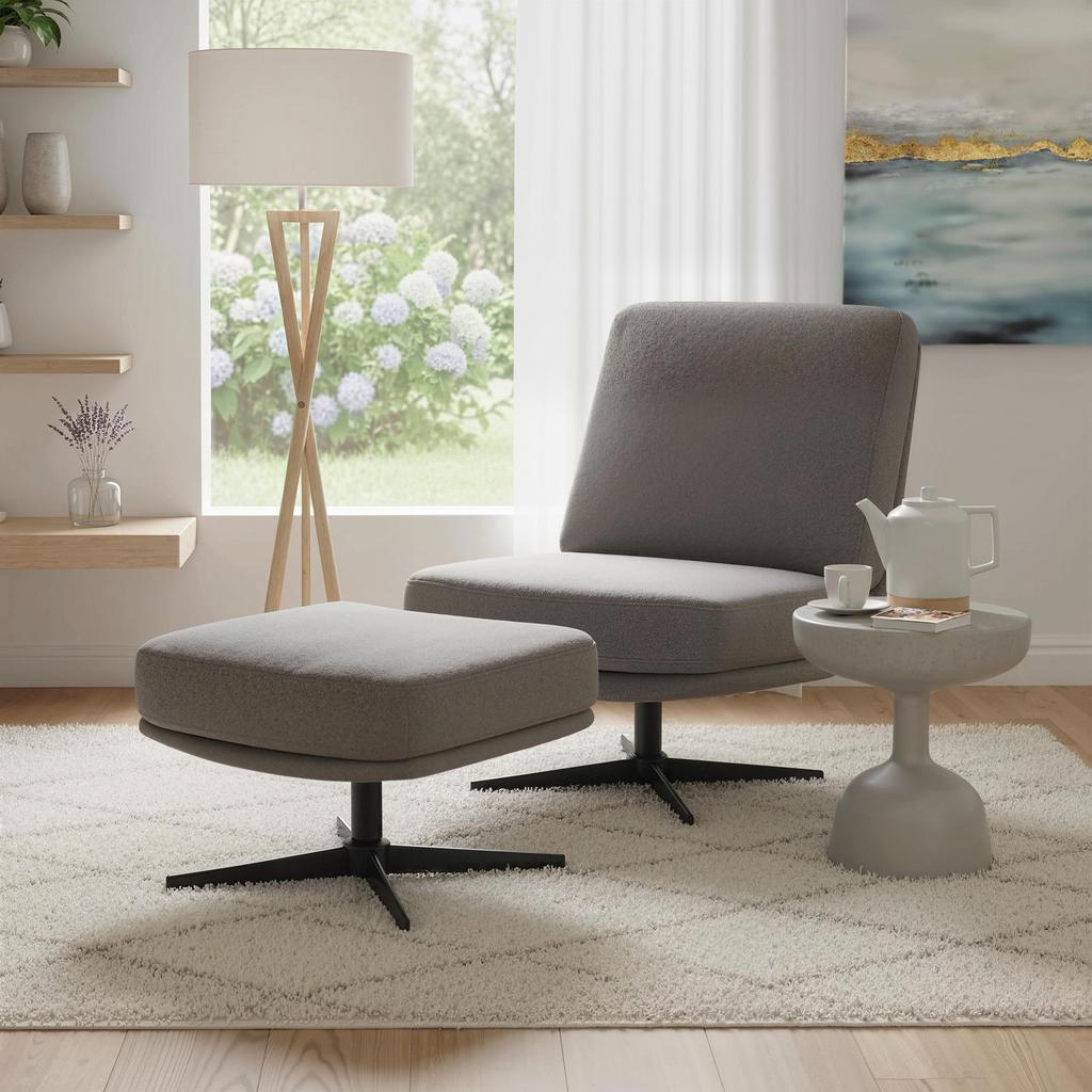 Armchair with Stool, Swivel Lounge Chair with Linen Look, for Living Room, Dark Grey