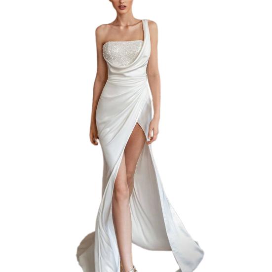 

Formal Dress One Shoulder Sequined Autumn Satin Surface High Split Party Maxi Dress for Wedding S білий