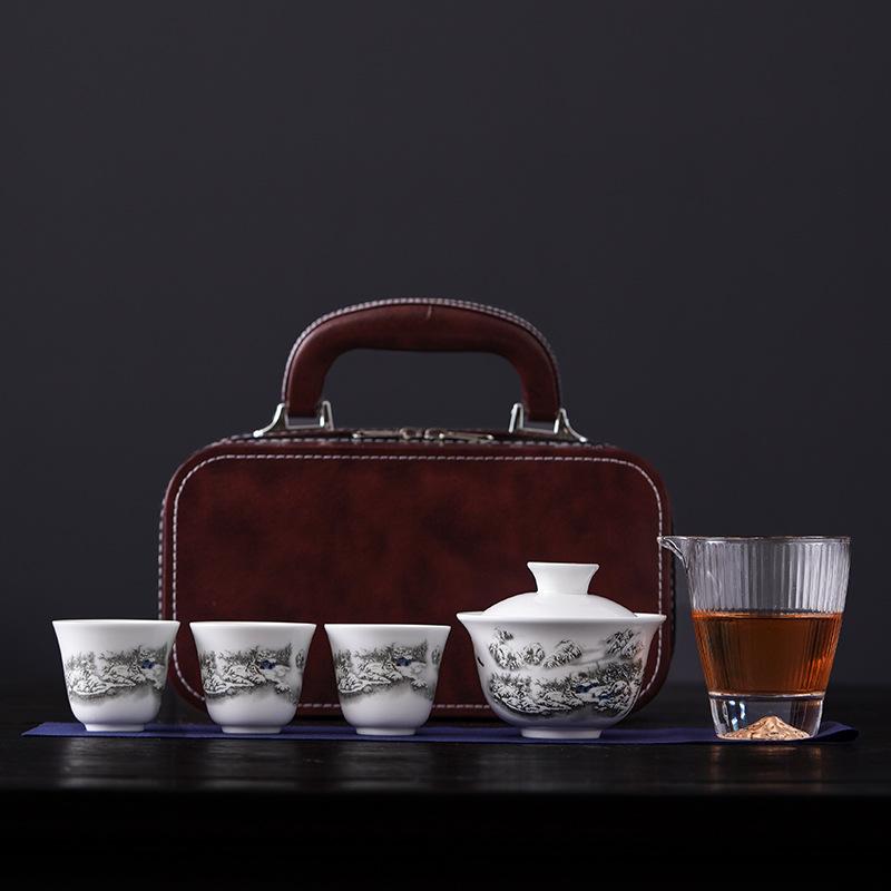 Dehua Simple White Porcelain Suet Jade Cover Bowl Travel Tea Set Small Set Outdoor Portable Going Out Business Activities Gifts