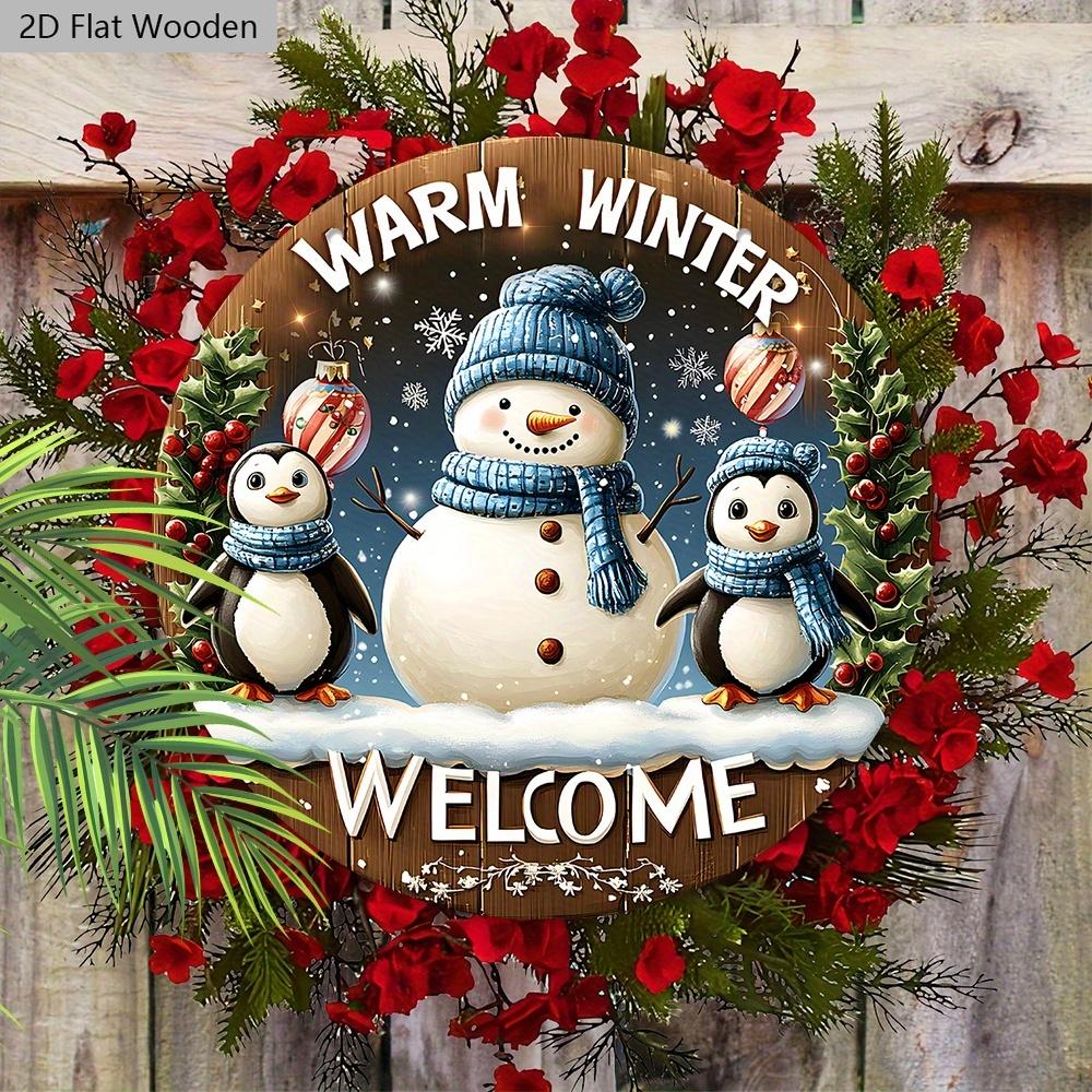 Cute Winter Wonderland Wooden Christmas Sign with Snowman & Penguin Pattern - Navidad Sign for Front Door Wall Hanging Decor - Ideal Christmas Gift