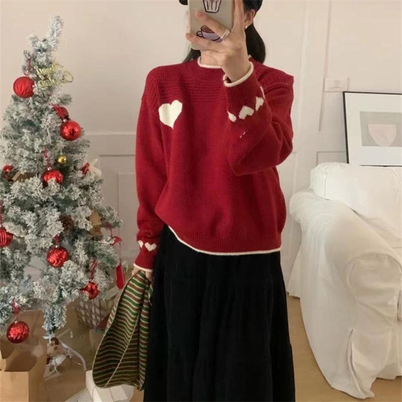 Autumn and winter new knitted pullover sweater women's contrasting color love fashion versatile and thin top women