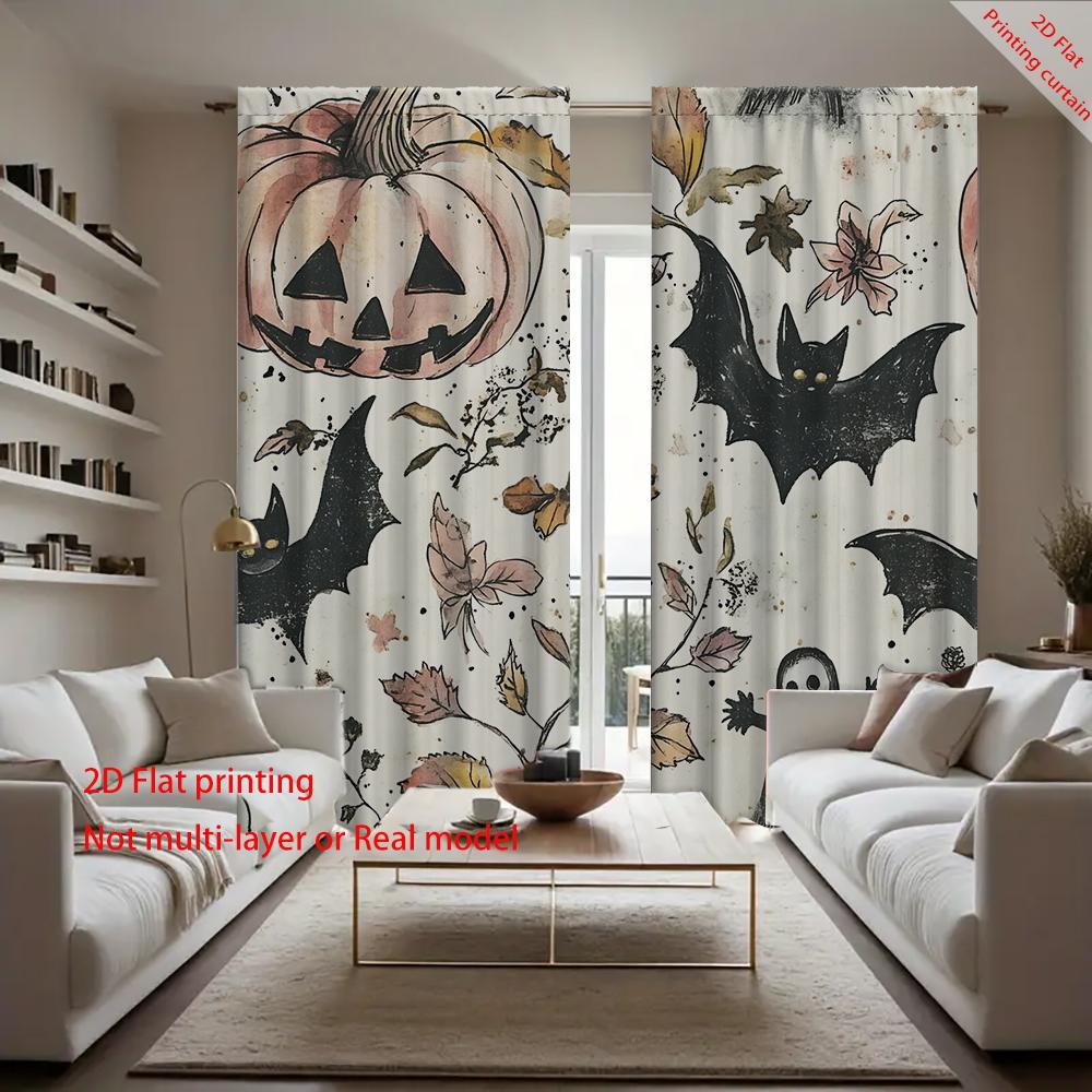 2PC Home Halloween Pumpkin Cat Ghost Pattern Digital Printed Curtains with Landscape Background and Pole Bag Curtains, Kitchen,