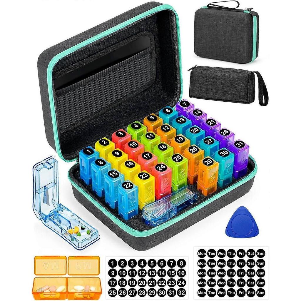 Large Capacity Monthly Pill Box Organiser 2 Times a Day, AM PM Tablet Dispenser with Pill Cutter & Shoulder Strap, Portable Travel Medicine Case with