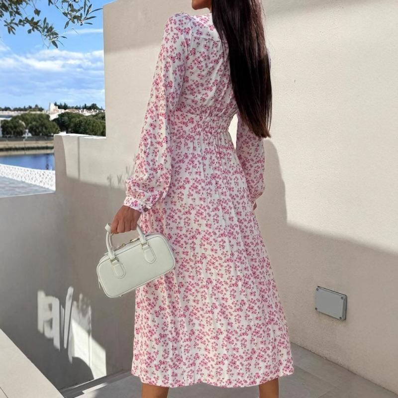 Urlaub Französisch V-Ausschnitt Taille Floral Slim Kleid Frühling Langarmkleid