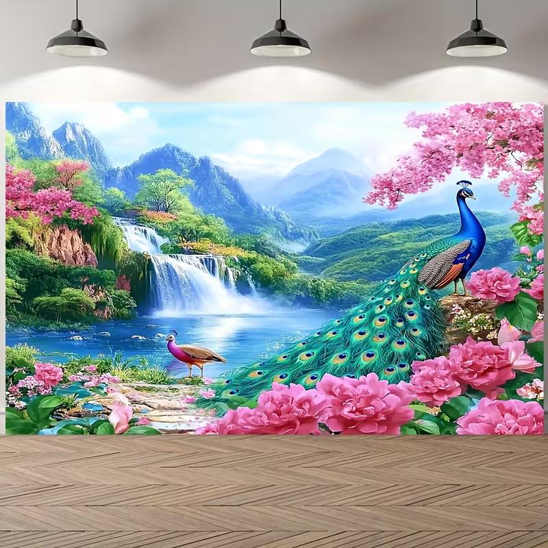 2D Blue Peacock Waterfall Tapestry for Spring Festival Party & Home Background Decoration