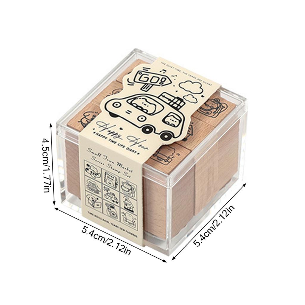 9pcs Vintage Wooden Rubber Stamps Clear Cartoon Patterns Beech Material for Paper Crafting Letters Diary Greeting Cards
