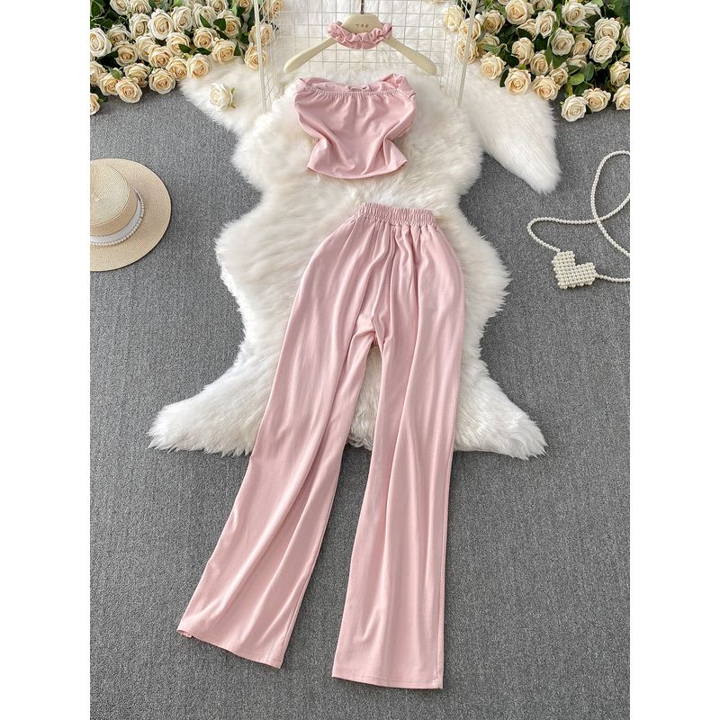 Pure Desire Style Sexy Lace-up Short With Chest Pad Tube Top Hanging Neck Top + High Waist Slimming Wide Leg Pants Two-piece Suit