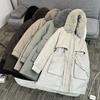 Women Faux Fur Collar Parka Coat Drawstring Waist Flap Pockets Mid Length Winter Jacket