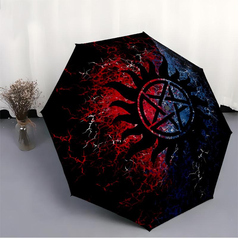 1pc Supernatural Symbols YinYang Automatic Folding Umbrella - Design, Durable Iron Frame for Travel, Outdoor, Beach Fashion Accessory A0920005