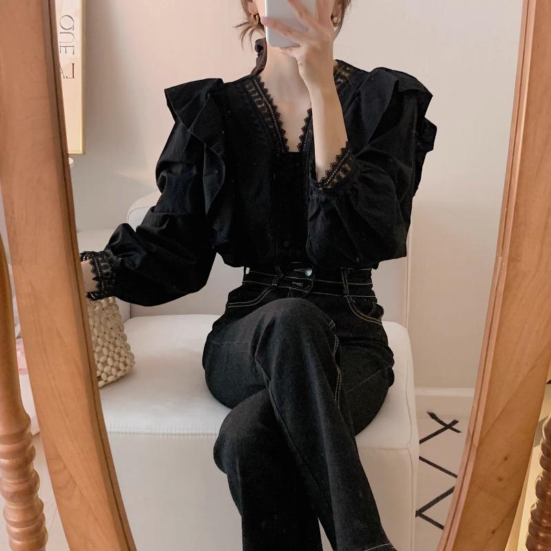 Korean Fashion Lace V-neck Splicing Ruffle Shirt Women Elegant Loose Casual Puff Long Sleeve Blouse New Casual Female Simple Tops Ladies Clothes 2772