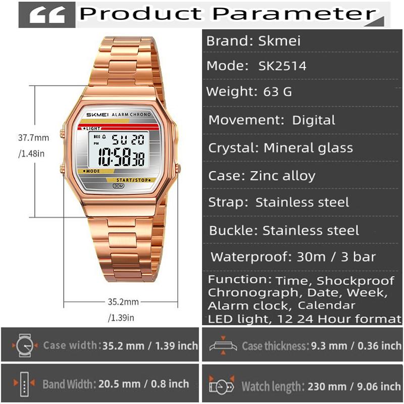 Skmei Classical Style Unisex Digital Watches with Date Week Stainless Steel Strap 12 24 Hour Format LED Waterproof Fashion Time