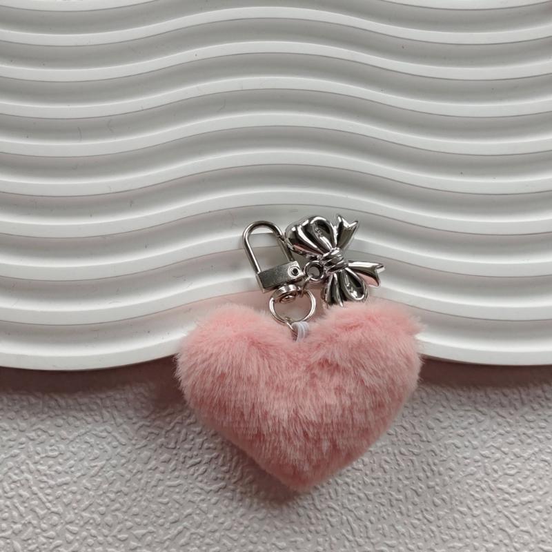 Sweet Plush Heart Bowknot Keychain Pendant Lovely Hanging Decorations Keyring Charm for Purse Bag Backpack Handbag