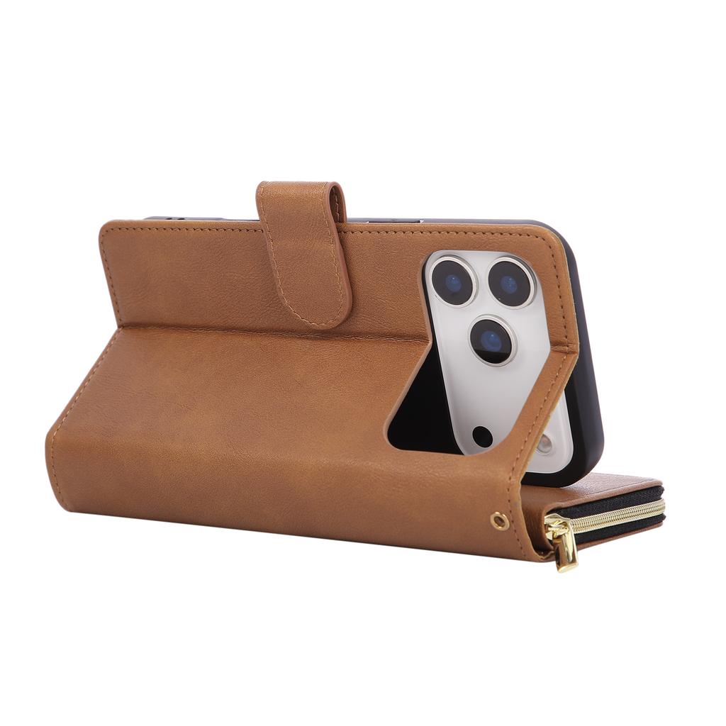 For iPhone 17 Pro Max Case Zipper Pocket 9 Card Slots PU Leather Phone Cover with Hand Strap