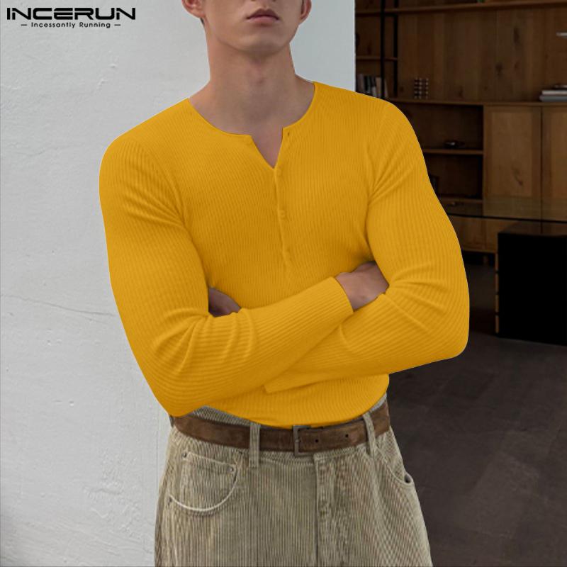 INCERUN Herbst Herren Langarm Einfarbig Rippenmuster Figurbetont Pullover Tops Unterhemden