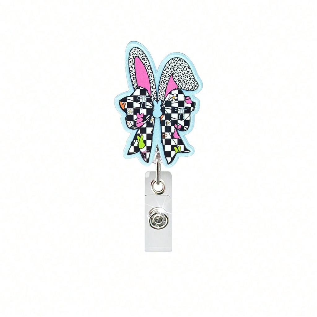 1pc Bunny Egg Bow Retractable Badge Reel, Swivel ID Card Holder Clip For Doctor, Nurse, Office Worker, Party