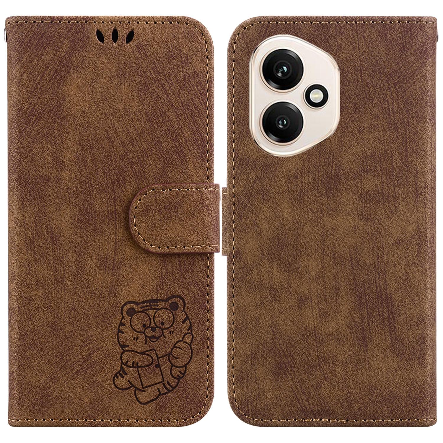

For Honor 400 5G (Global) Wallet Case Tiger Imprint Leather Shockproof Phone Cover with Wrist Strap Brown