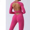Women's Long Sleeve Backless Yoga Jumpsuit Twisted Back Workout Bodysuit with Chest Pad