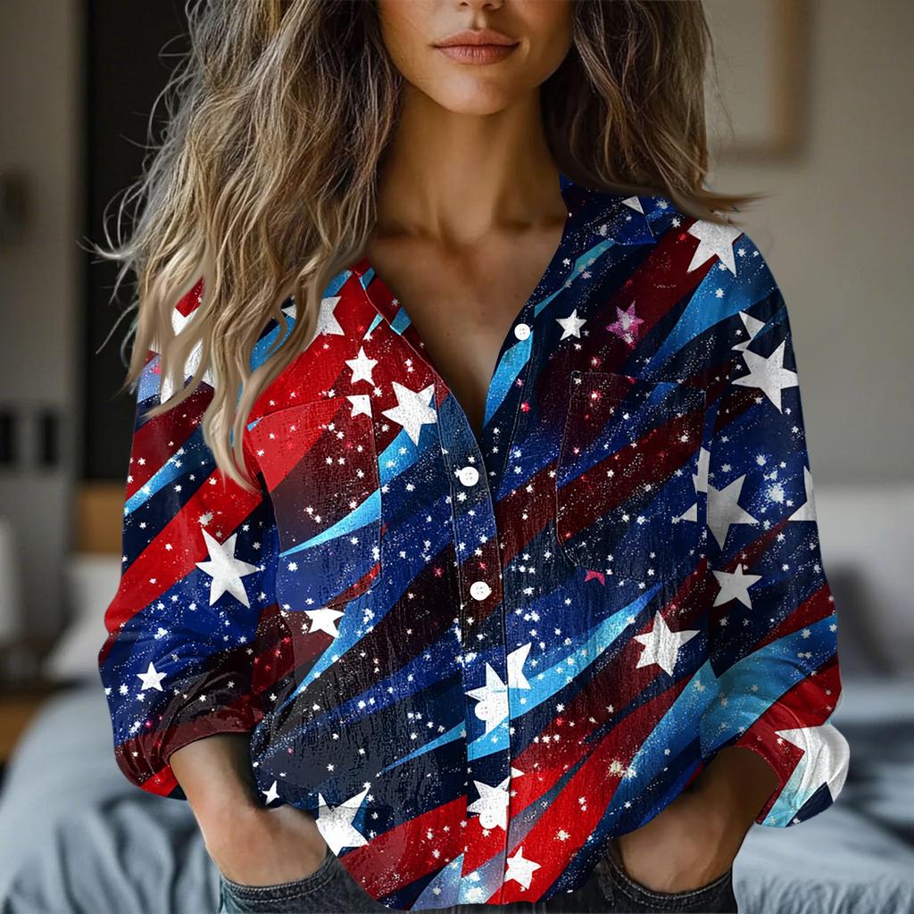 Women's Fashion Button Lapel Pocket Casual Shirt Independence Day Long Sleeve Top