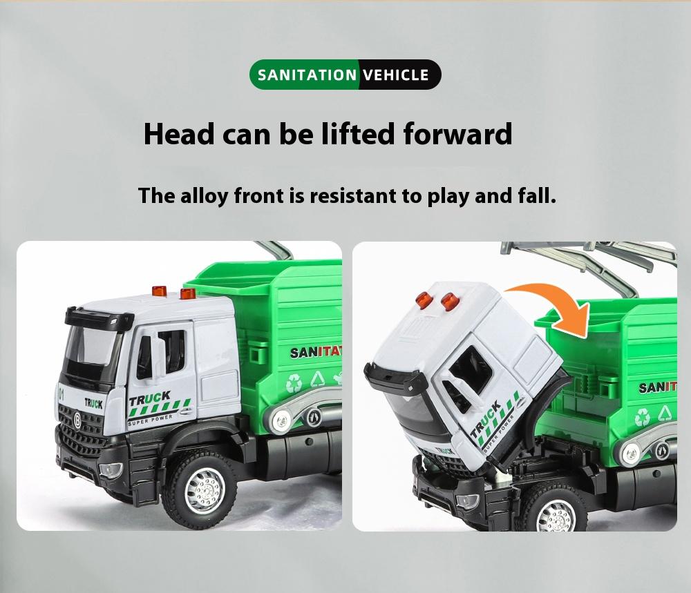 1/35 Urban Sanitation Vehicle Garbage Truck Model Metal Die Casting Engineering Vehicle Simulation Sound and Light Halloween Toy
