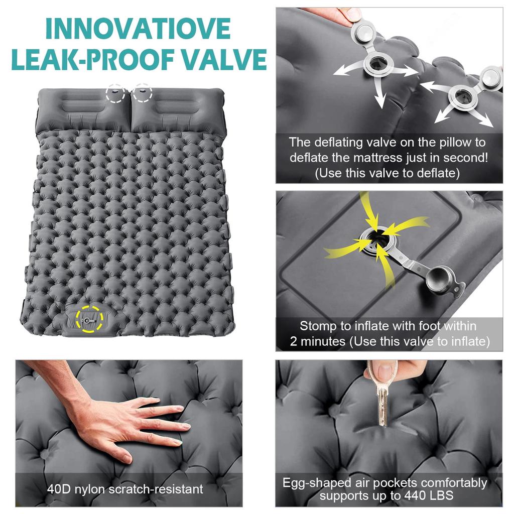 Double Sleeping Pad for 2 Person, Thick Inflatable Camping Mat with Built-in Foot Pump & Pillow, Compact Air Mattress for Hiking, Backpacking, Tent