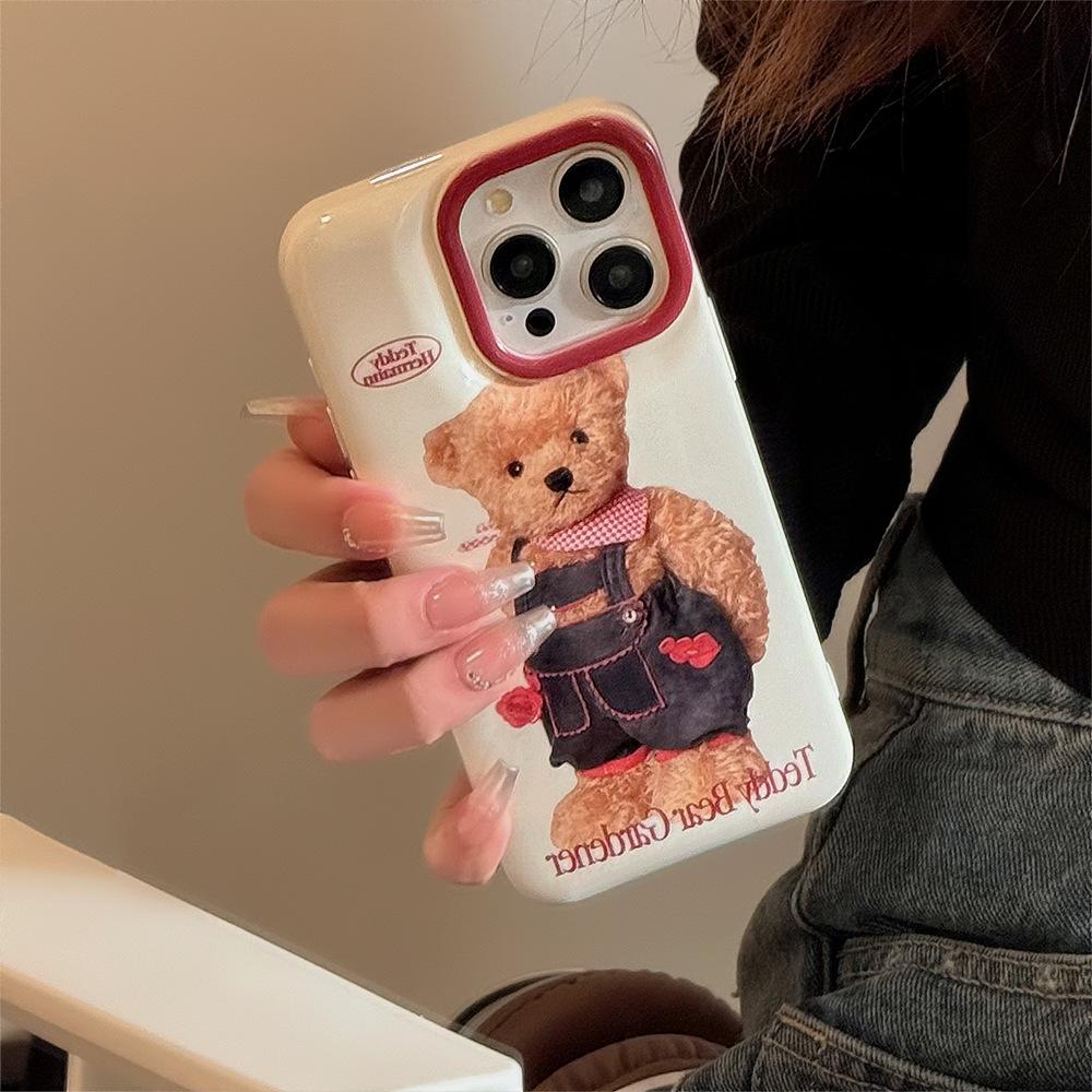 Unique plush denim bear iPhone 13 case, suitable for iPhone 15, silicone for 11, anti-drop for 14 Pro Max, 16