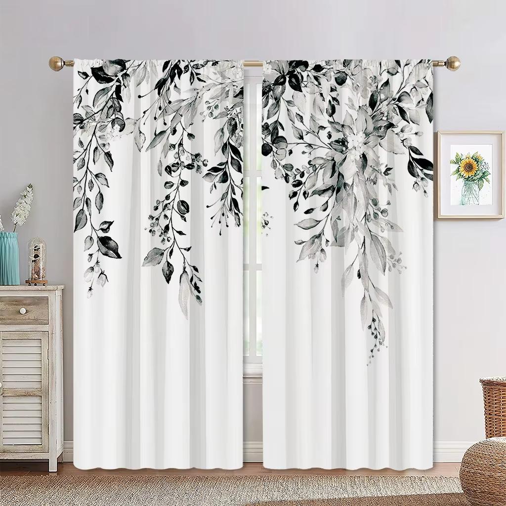 2 Panels European Pastoral Style Minimalist Wind Plant Curtains, Green Leaf Flower Curtains for Living Room, Bedroom, Decorative