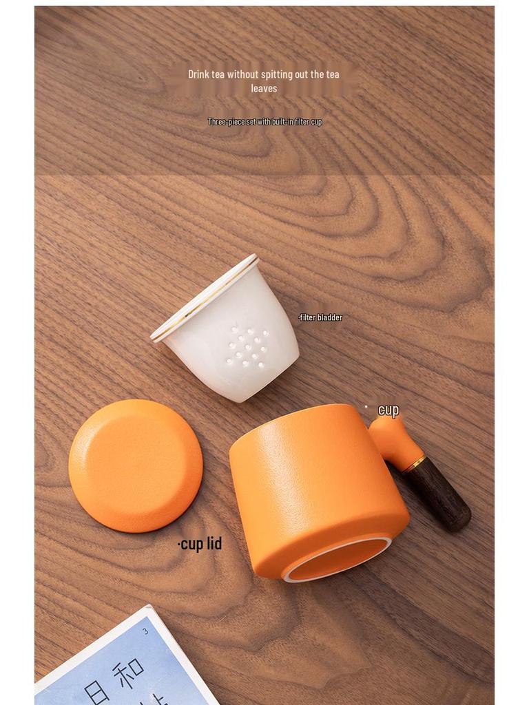 Chinese Style Ceramic Cup Gift Set with Lid and Wooden Handle - Three-Piece Tea Cup with Filter