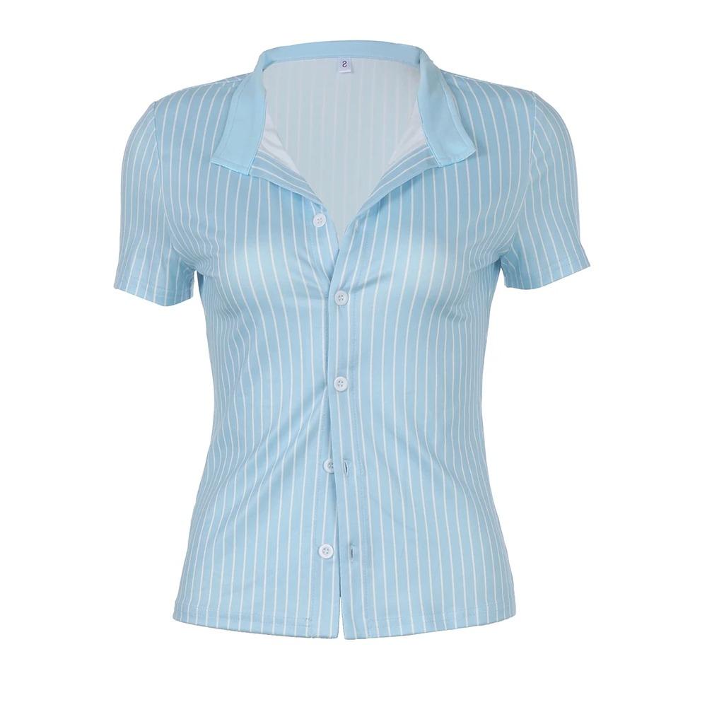 

2KWEIRD Рубашки с коротким рукавом в синюю полоску для женщин, на пуговицах, с отложным воротником, приталенные, простые, повседневные, в стиле преппи, топы, базовые летние футболки M синий