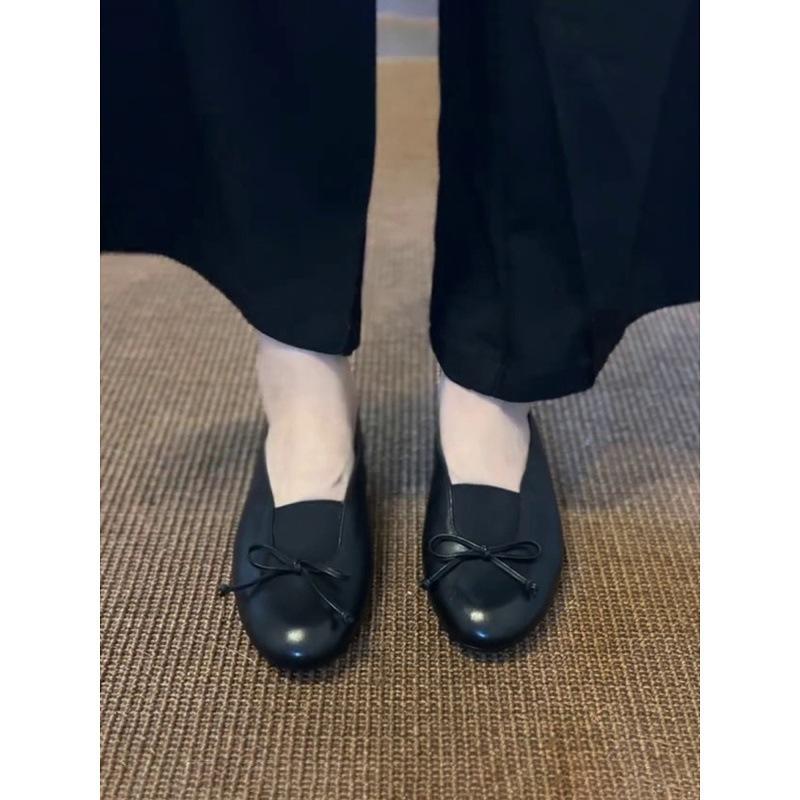 Round head bow ballet single shoes shallow mouth one pedal grandma shoes flat Mary Jane shoes