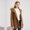 Giacca calda chic da donna in pile invernale con cappuccio e collo in pelliccia tinta unita a maniche lunghe con coulisse S-3XL
