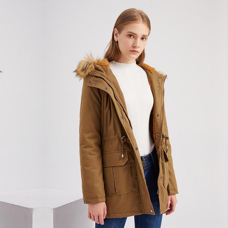 Giacca calda chic da donna in pile invernale con cappuccio e collo in pelliccia tinta unita a maniche lunghe con coulisse S-3XL