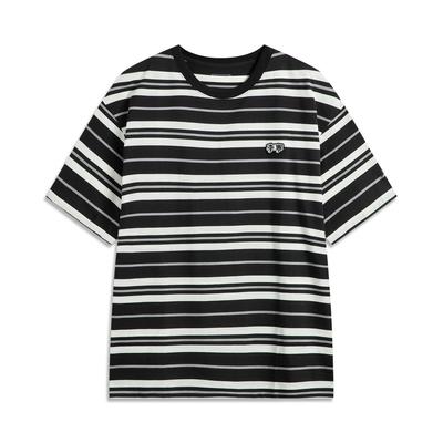 סדרת אורח חיים ספורטיבי של לי נינג היי סטריט רטרו אמריקאי קז'ואל פסים חולצת טי נוחה עם שרוולים קצרים גברים טופים שחור ירח אפור-ירח ATSV515-3